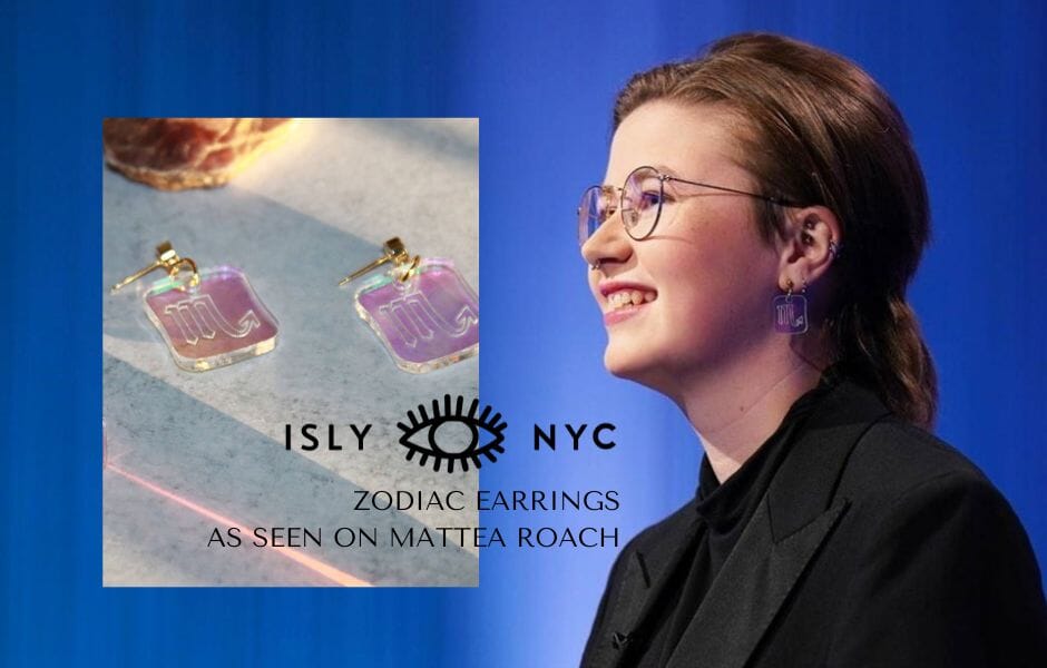 Photo collage of Mattea Roach on Jeopardy, wearing ISLY NYC zodiac earrings with a close up picture of the Scorpio Zodiac Earrings next to it