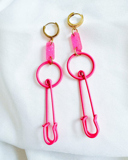 Enamel Safety Pin Earrings - Hot Pink Earrings ISLY NYC - SIFS - D1 