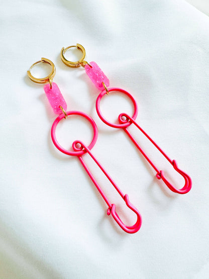 Enamel Safety Pin Earrings - Hot Pink Earrings ISLY NYC - SIFS - D1 