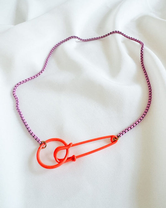 Safety Pin Necklace - Neon Orange & Purple Necklaces ISLY NYC - SIFS - D1 