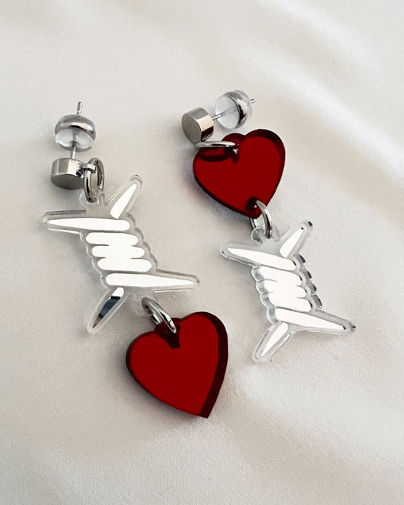 Barbed Wire Earrings - Red & Silver Earrings ISLYNYC 