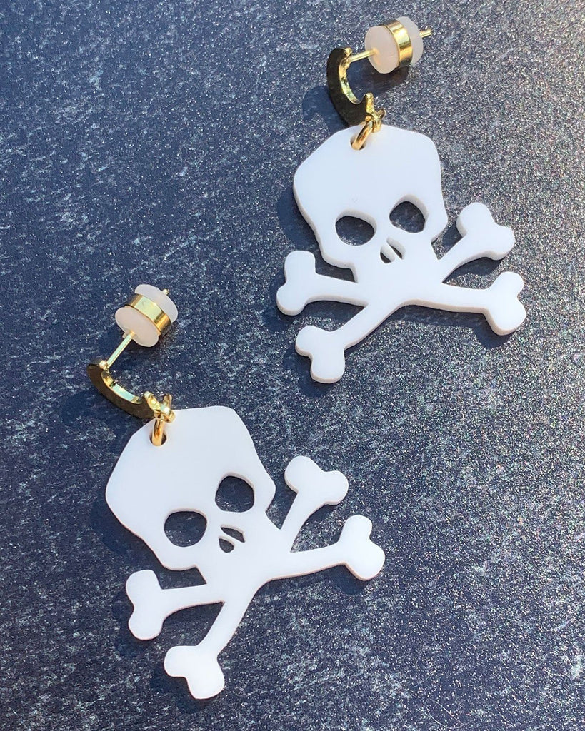 Skull and Cross Bones Charm Earrings - Opaque White - Halloween 2021 EARRINGS ISLYNYC