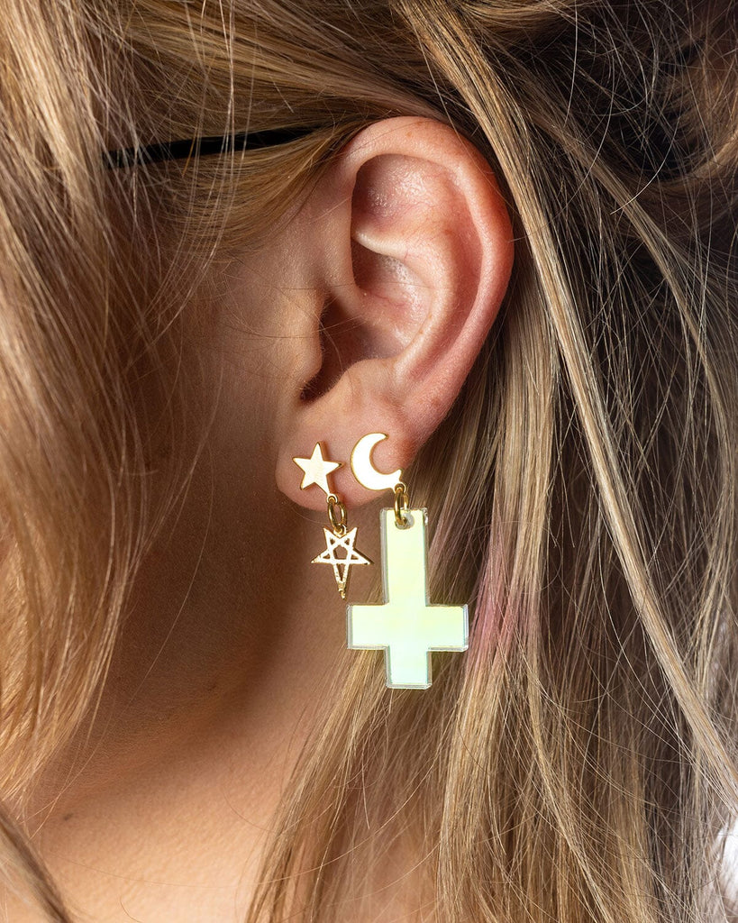 Upside Down Cross Charm Earrings - Iridescent EARRINGS ISLYNYC 